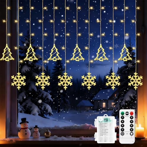 Shengruili Lichtervorhang Fenster Weihnachten,3M Schneeflocken Lichterkette,Fenster Lichterkette Schneeflocken,LED WarmweißLichterkette Batterie,Christmas Curtain String Lights