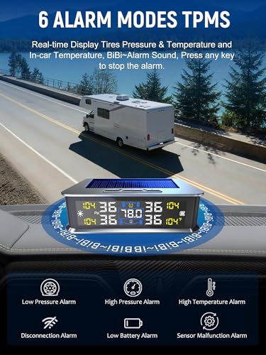 Tire Pressure Monitoring System - TPMS with Solar & USB Charger, Tire Pressure Monitor System with 4 External sensors & 6 Alarm Modes, LCD Real-time Display, Auto on/Off Mode, Easy to Install - Image 4