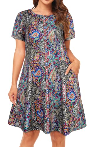 Image of Womens Summer Dresses Beach Casual Loose Tshirt Floral Short Sleeve Flowy Pockets Sundresses 2026