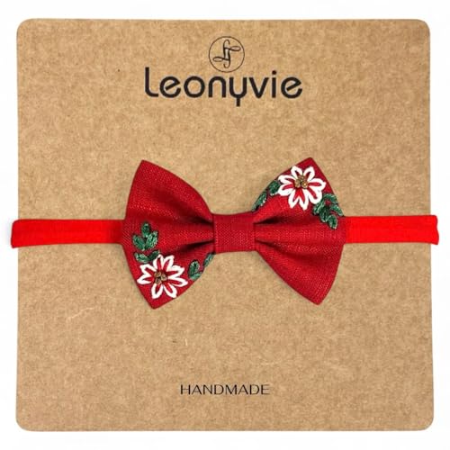 Leonyvie Hand Embroidered Classic Hair Bow on Super Soft Headband for Babies and Girls - Red - Image 3 thumbnail