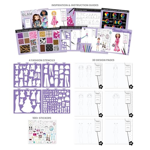 Image of Fashion Angels Glam Fashion Sketch Set | Includes Sketch Pad with Stencils & Stickers, Fashion Design Sketch Book for Girls, Ideal Drawing Kit for Kids