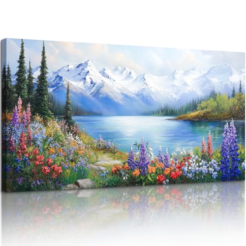 crmotu Lakeside Landscape Wall Art, Nature Wilderness Large Wall Decor, Mountain Tree Wildflowers Scenery Paintings, Cottagecore Canvas Pictures for Living Room Bedroom Farmhouse Art Prints 24x48 Inch
