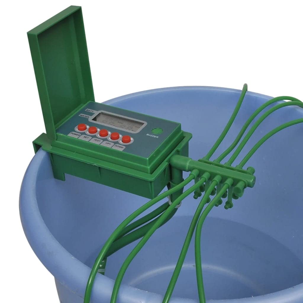 Sistema di irrigazione automatico con timer e display LCD, tubo in vinile da 10 m, 10 perni a molla in acciaio inox, controllo di irrigazione per irrigazione del giardino, irrigazione del