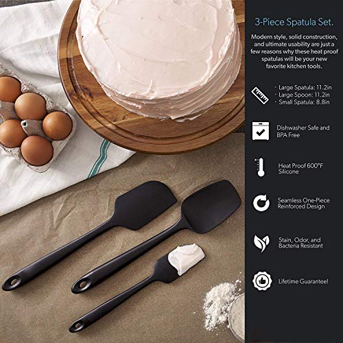 Image of P-Plus International Silicone Spatula Set 3-pcs - 446ºF Heat-Resistant Baking Spoon Spatula - Seamless One-Piece Design Easy to Clean - Non-Stick Silicone Stainless Steel Core (Spatula 3A Black)