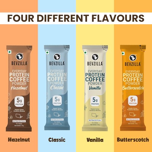 Image of Bevzilla Everyday Protein Instant Coffee Powder |280 GM(28x10g) | 5g Protein Each | Arabica Coffee | No Added Sugar | Hot & Cold Coffee Premix for Energy & Fitness