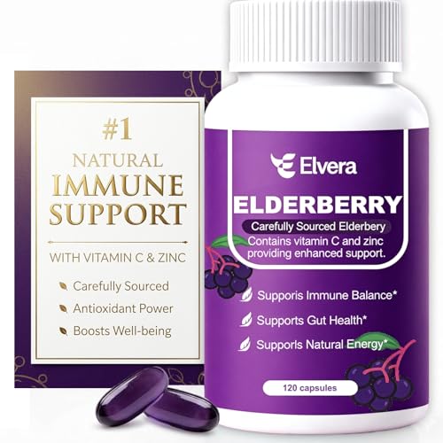 Elderberry - Elvera Elderberry Gut Support 1200mg Elderberry Extract Vitamin C Zinc for Digestive Balance Immune Support | Vegan Non-GMO | 120 Soft Capsules