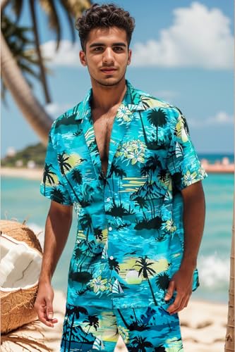 Image of Cromoncent Boy and Men Hawaiian Outfits Short Sleeve Shirts and Shorts Hawaiian Suits Beach Tropical 2 Pcs Vacation Sets