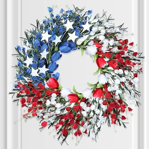 Enhon 250th Anniversary Patriotic Wreath, 4th of July Patriotic Wreath for Front Door, Red White and Blue Tulip Flower with Stars, Ideal for 2026 Independence Day & Memorial Day Decor