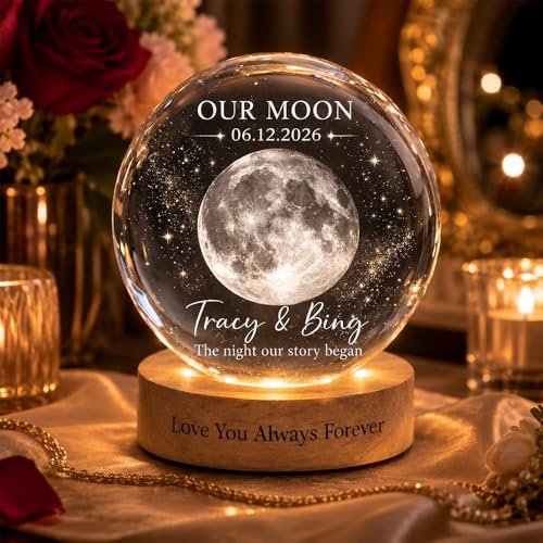 Image of Evamall Personalized Moon Phase Crystal Ball Night Light, Custom Night Sky By Date Lamp, Our Special Day Keepsake Gift for Couple Anniversary Wedding