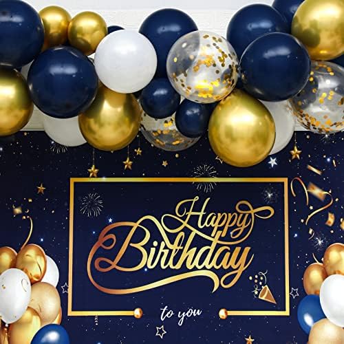 Navy Blue Balloon Arch Kit with Happy Birthday Backdrop,94Pcs Navy Blue and Gold Balloon Garland Arch Kit with White Gold Birthday Balloon for Men Boy Birthday Party Decoration,Baby Shower,Space Party