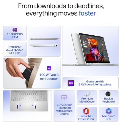 Image of HP OmniBook 3 OLED, Intel Core Ultra 9 285H, 24GB DDR5 (Upgradeable) 1TB SSD, 2K, 16'' /40.6cm, 0.2 ms RT, 100% DCI-P3, Win11, Office24, Silver, 1.6kg, bu0274TU, Lighter mini GaN Charger, AI Laptop