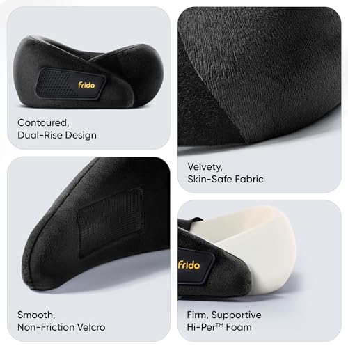 Image of Frido Kids Memory Foam Travel Neck Pillow with Travel Pouch | 360 Chin & Neck Support for Comfortable Sleep | Adjustable Velcro Straps | Ideal for Car, Flight & Road Trips | Core Black