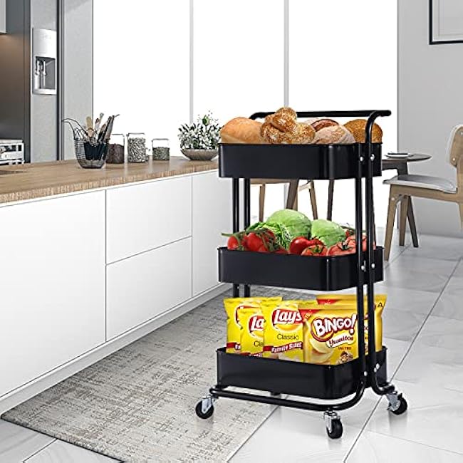 YSSOA 3-Tier Metal Rolling Utility Cart, Heavy Duty Craft Cart with Wheels and Handle, Black-7POkt6sB