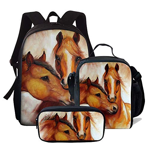 Sac d'école motif cheval pour soulager le dos des écoliers avec set repas et trousse chaqlin