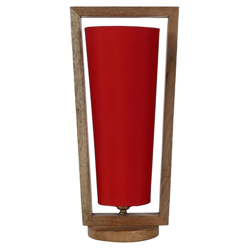Image of tu casa Table Lamps with Mango Wood Base & Red Cotton Shades for Home Decor, Bedrooms, Living Room, Gifting, Diwali Decoration, Dining Space, Study Room, Hall (Height- 40cm) - Bulb not Included