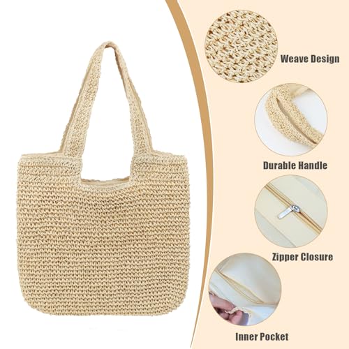 Image of ZWIN Straw Beach Tote Bag for Women,Summer Beach Bag Rattan Handbag,Large Woven Tote for Holiday,Daily Use.Handmade Weaving Handbag.