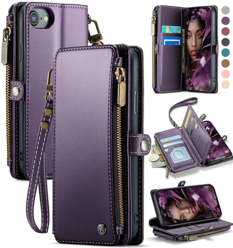 Defencase Compatible with iPhone SE 2020 2022 Case Wallet with RFID Blocking Card Holder for Women Men Soft PU Leather Magnetic Snap Flip Zipper Strap Wallet Phone Case Fit for iPhone SE/7/8 Purple