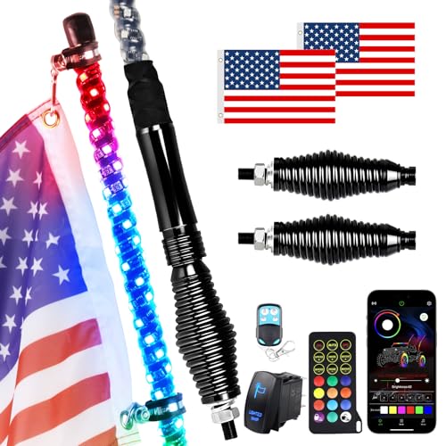Whip Lights Uemicip 2PCS 4FT Spiral RGB LED Whip Light for UTV with Spring Base App & RF Wireless Remote Control Chasing Lighted Antenna Whips for UTV ATV RZR SXS Can-Am Polaris Offroad Truck