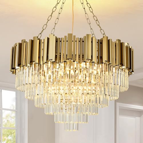 AOOCHOK Lampadario moderno in cristallo oro, illuminazione a sospensione in cristallo rotonda per...