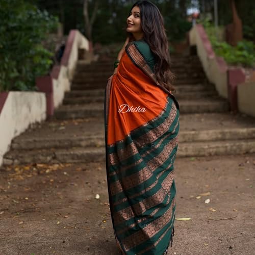 Image of DHIHA Gadwal Cotton Saree for Women | Pure Kalyani Cotton Saree with Zari Border Tassels & Blouse | Kanjivaram Linen Silk | Handloom Weave