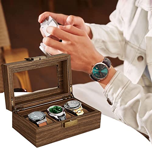 Image of House of Quirk Wooden Watch Box for Organizer, 3 Slots Watches Display Case Storage Boxes with Glass Lid (Wooden)
