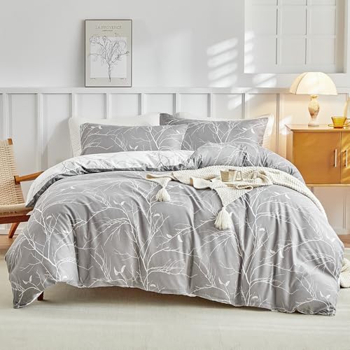 Image of Lekesky Duvet Cover Queen Size with Fitted Sheet - 4 Pieces Printed Soft Bedding Set, Includes 1 Duvet Cover 90x90 Inches with Zipper Closure & 8 Ties, 2 Pillow Cases, 1 Fitted Sheet, Grey Leaves