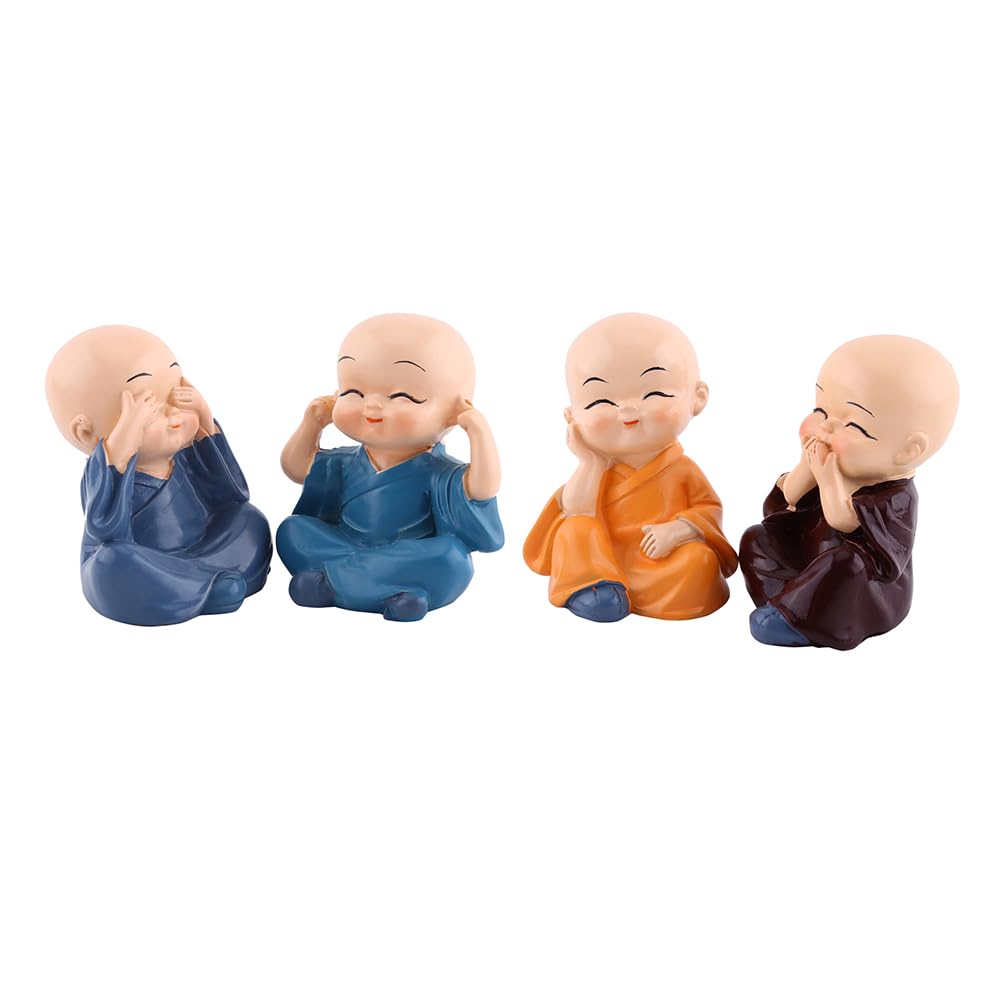 Joyzan Four Monks Decoration, Baby Smile Statues Miniature Buddha Figurines Set Little Wealth Lucky Laughing Showpiece No Evil See Speak Home Office Decor Wall Shelf Table Desktop Car Dashboard 4PCS