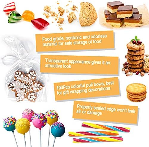 100Pcs Clear Cellophane Treat Bags 6" X 10" Thick Flat Bottom Cello Bag, OPP Resealable Sweet Party Gift Plastic Bags with Ribbons Bows, Cellophane Storage Bags for Candy, Cookie, Popcorn