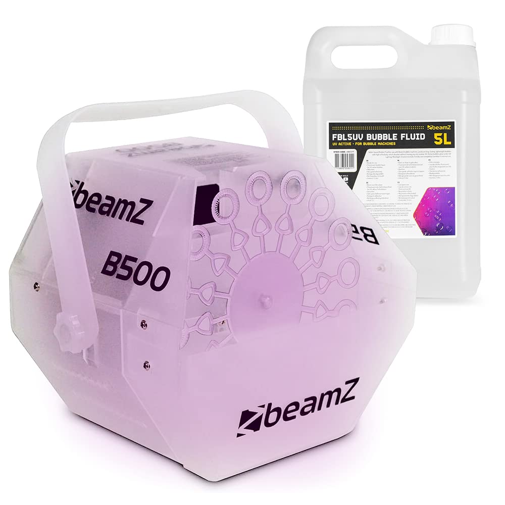 BeamZ B500LED Bubble Machine Kit with UV Reactive 5L Bubble Fluid & Colour-Changing RGB DJ Party Lighting for Kids, Home Events, Clubs & Disco Venues