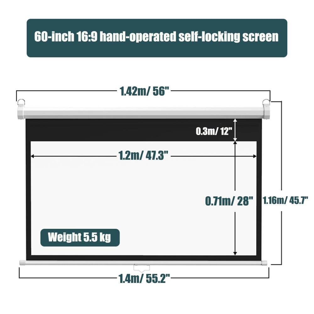 Schermo Proiettore 60 Pollici Retrattile Formato 4:3, 16:9, Home Cinema videoproiettore Schermo Proiezione, Telo Proiettore Full-HD 4K 3D per Ufficio, Scolastico, Theater (Size : 60" (16:9))