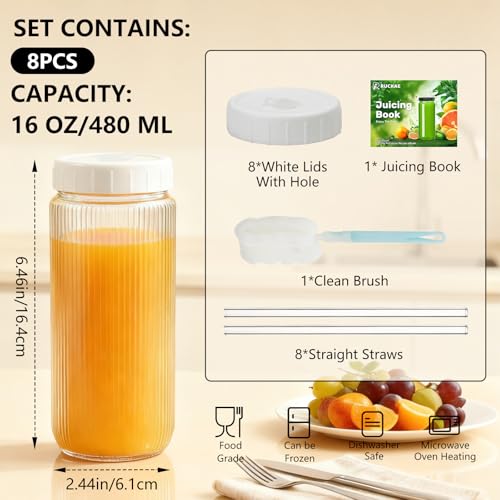 Image of Ruckae 16oz Juice Bottles,Ribbed Glass Juicing Bottles with Lids,Smoothie Cup Lids and Straws,Water Bottle Mason Jar Drinking Glasses for Juicing,Smoothies,Kombucha (Clear-8 pack)