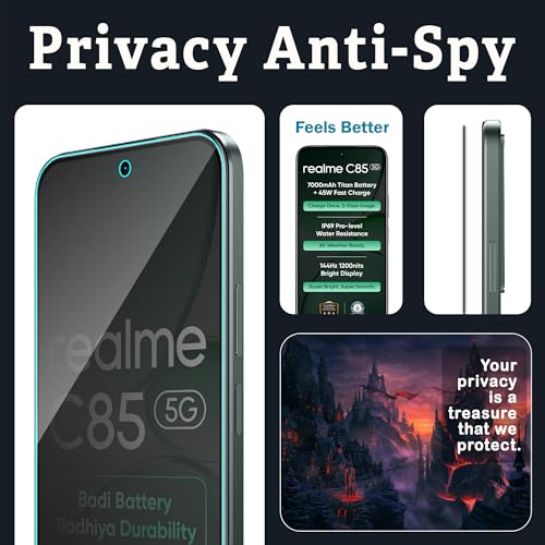 Image of ArmourPro Anti-Spy Privacy Tempered Glass for Realme C85 / Realme 15x and Narzo 90x - Anti Peeping Screen Protector, Edge to Edge Full Coverage, 9H Hardness, Easy Installation Kit | Pack of 2