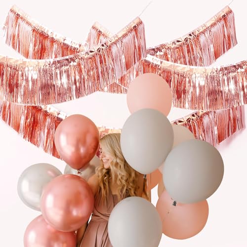 Image of Premium Rose Gold Fringe Tinsel Garland for Party Decorations -4 Layers Thick, 2 Pack | LILF Foil Metallic Banner Party Streamers for Wedding Birthday Christmas Decoration Home Hanging