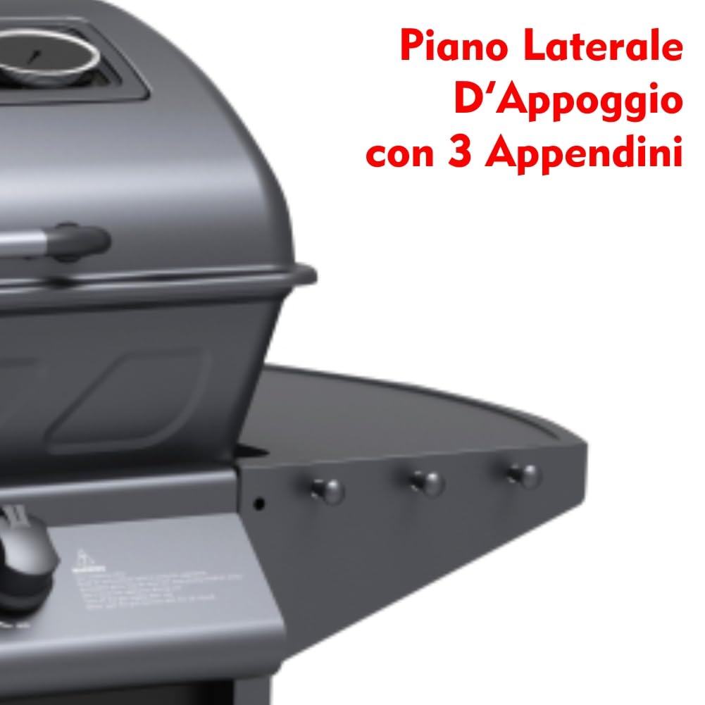 Barbecue a Gas con Pietra Lavica BBQ a Gas 2 Bruciatori + Fornello Laterale Struttura in Acciaio con Piano Laterale D’appoggio e 3 Appendini Pratiko Life