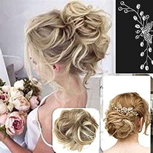 2PCS Messy Hair Bun Extension Messy Bun Hair Piece Messy Bun Scrunchy Curly Wavy Updo Hairpieces Wig Wiglet Synthetic Fiber Donut Elastic Chignons for Women Ladies Girls Ginger Brown Mix Bleach Blonde
