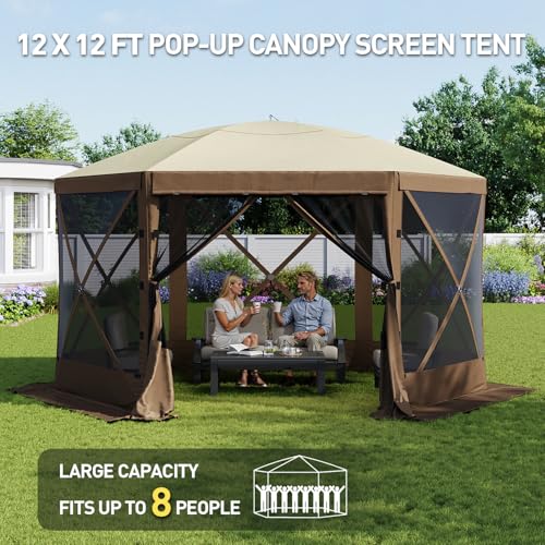 Aoxun 12x12ft Pop Up Canopy Tent, Camping Gazebo Screen Tent, Brown - Image 2