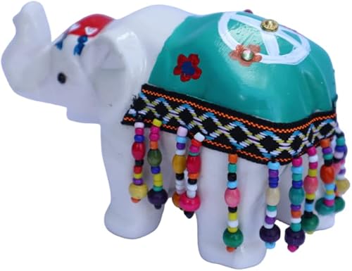 Cute Colorful Small Ceramic Elephant Statue Figurine with Hand Painted Accents and Dangling Beads Boho Decor Bohemian Decorations Goddess Arts