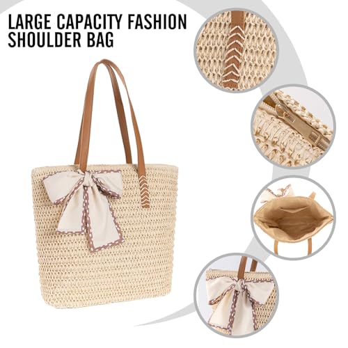 Image of Large Straw Beach Bag: Women's Handwoven Tote with Zipper Pocket - Lightweight Summer Purse for Travel & Work
