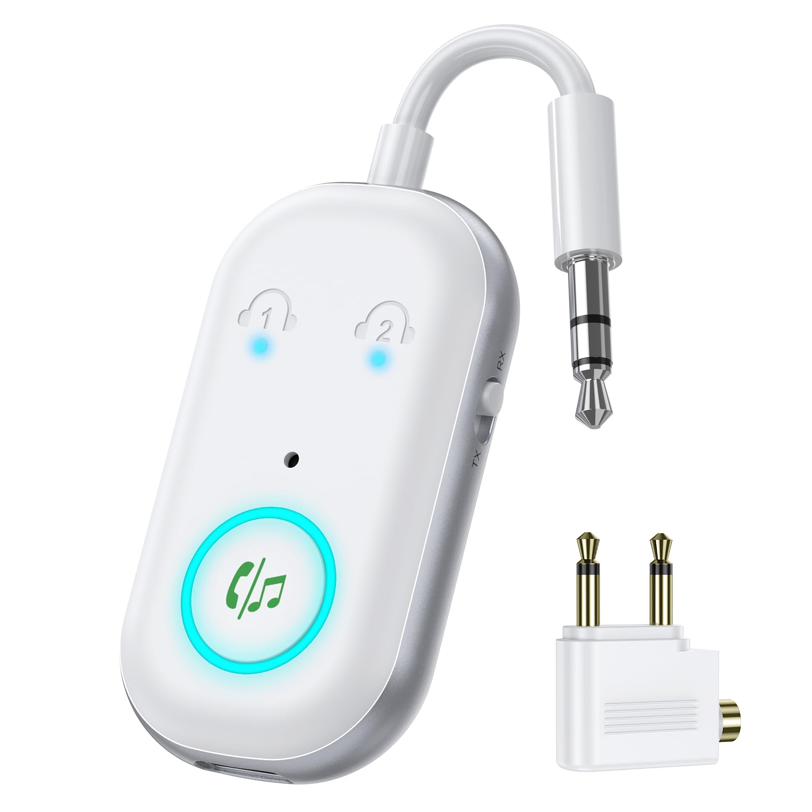 ORIA Adaptador Bluetooth Aux, 2 en 1 Transmisor Receptor Bluetooth 5.3, Receptor de Audio con Conexión Dual, Reducción de Ruido CVC, Adaptador de Audio de Carga Tipo C - Blanco | Transmisor/Receptor, Conexión Dual, Reducción de Ruido CVC, Carga USB-C, para Avión, TV