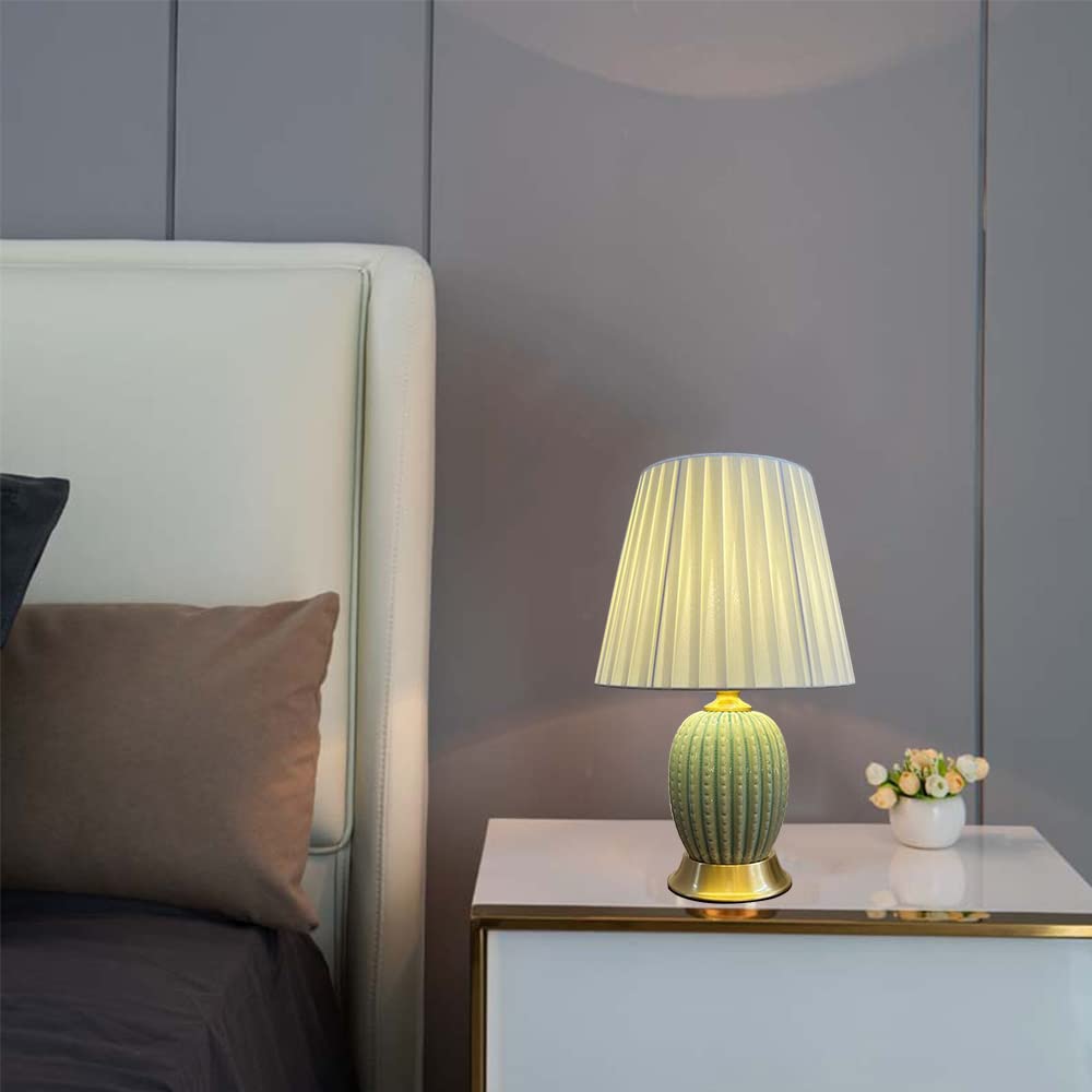Mengjay Keramik Tischlampe Tischleuchte Nachttischlampe,Keramik Leichter Körper Tuch Lampenschirm Schlafzimmer Wohnzimmer Tischlampe Beleuchtung und Armaturen,Nachttisch Schreibtischleuchten (Grün)