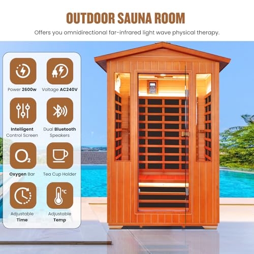 Image of OUTEXER Outdoor Sauna 2 Person Sauna Infrared Saunas with Red Light Therapy | Dry Sauna Room 2080W Red Cedar and Canadian Fir Wood Wooden Sauna Spa 48.8*38.19*81.89inch