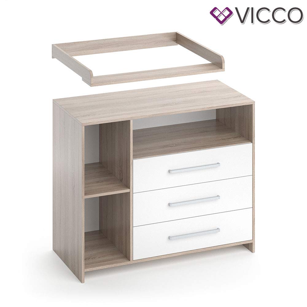 Vicco Cómoda Cambiador Oskar, Blanco/Sonoma, 113 x 100 cm, Convertible en cómoda Gracias al Cambiador extraíble