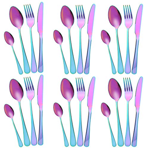 Juego de cubiertos de 24 piezas, juego de cubiertos con caja de regalo, vajilla de acero inoxidable, juego de vajilla de cuchillo, cuchara de tenedor, servicio para 6 usos múltiples, fiesta, colorido