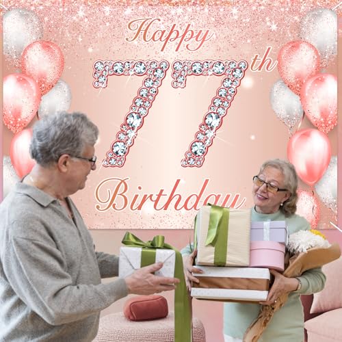 Image of Happy 77th Birthday Rose Gold Banner Cheers to 77 Years Old Backdrop Confetti Balloons Theme Decor for Women 77 Years Old Pink Birthday Party Decorations Bday Supplies Background Favors Gift Glitter