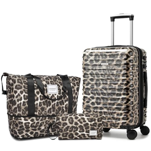 LARVENDER Carry on Luggage 22x14x9 Airline Approved, Expandable 20 Inch Hardside Suitcase with Wheels TSA Lock, PC+ABS Lightweight Carry on Suitcases for Women, Cheetah Print (20/DB/TB)