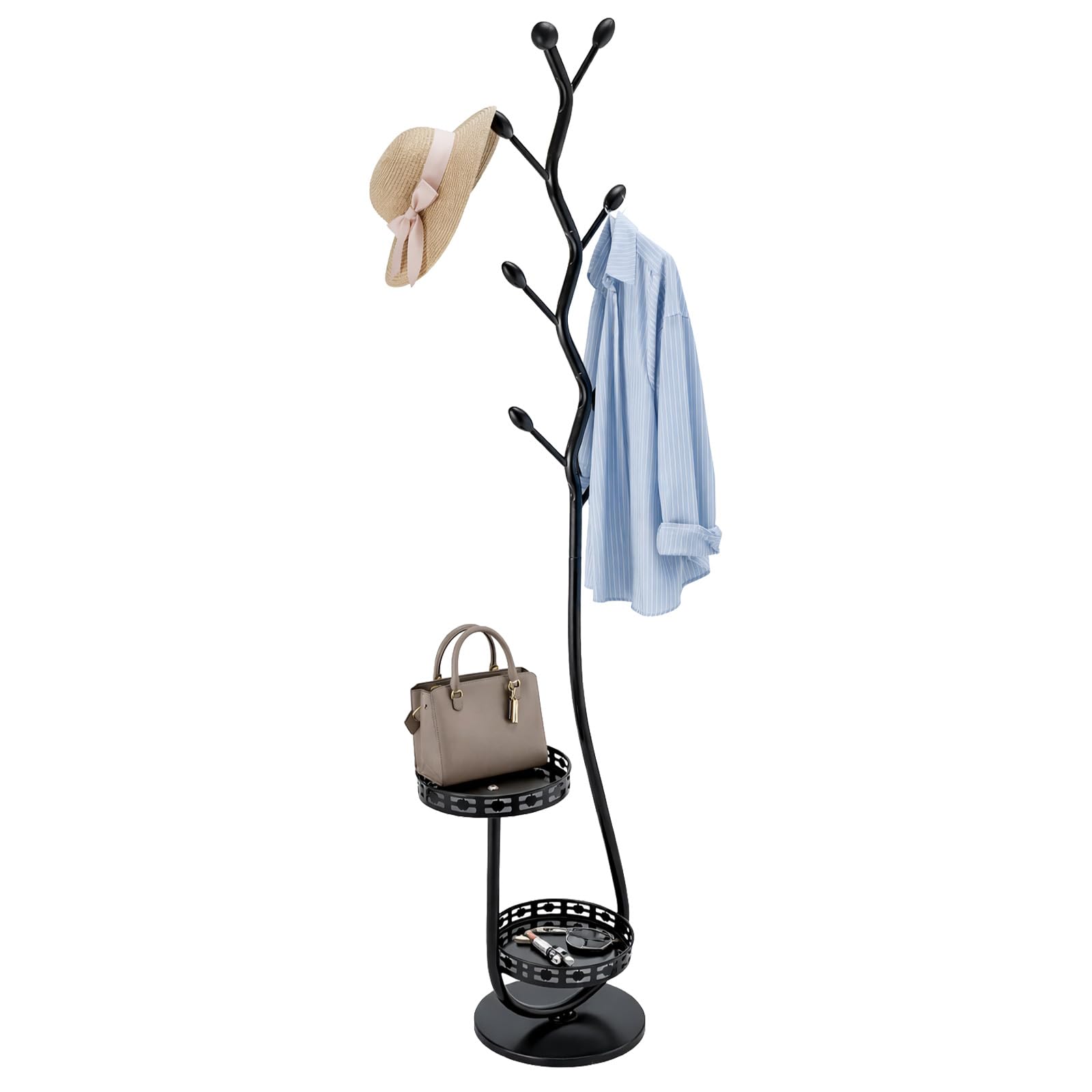 M.J COMFY-LIFE Modern Metal Floor Coat Rack, Freestanding Hall Tree Stand with 8 Hooks and Double Layer Storage Baskets,Space-Saving Entryway Organizer for Bedroom, Living Room, Hallway,30*30*170CM