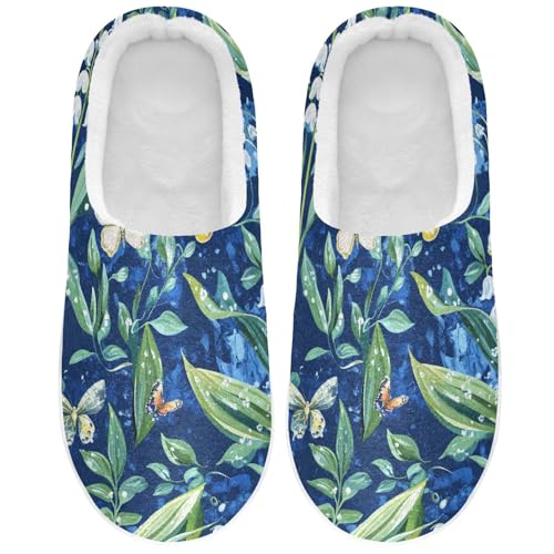 JUNZAN Chic Lily Blue Women Cotton Slippers Non Slip Memory Foam Hotel Slippers for Spa Birthday Presents 6-7