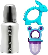 Premium Stainless Steel Matt Finished Baby Feeding Bottle-140 ML Anti-Colic, BPA-Free | Soft Silicone Teather | Baby Teether for 3-12 Month | Silicone Food Nibbler Pacifier Feeder | Safe, Leak-Proof, Easy Clean | new born baby essentials (FEEDING BOTTLE 1