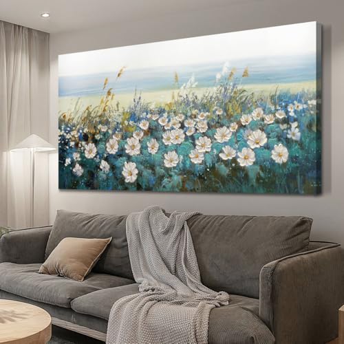 Arjun Flower Wall Art Bedroom Wall Decor, Oversize Extra Large Canvas White Daisy Floral Painting...