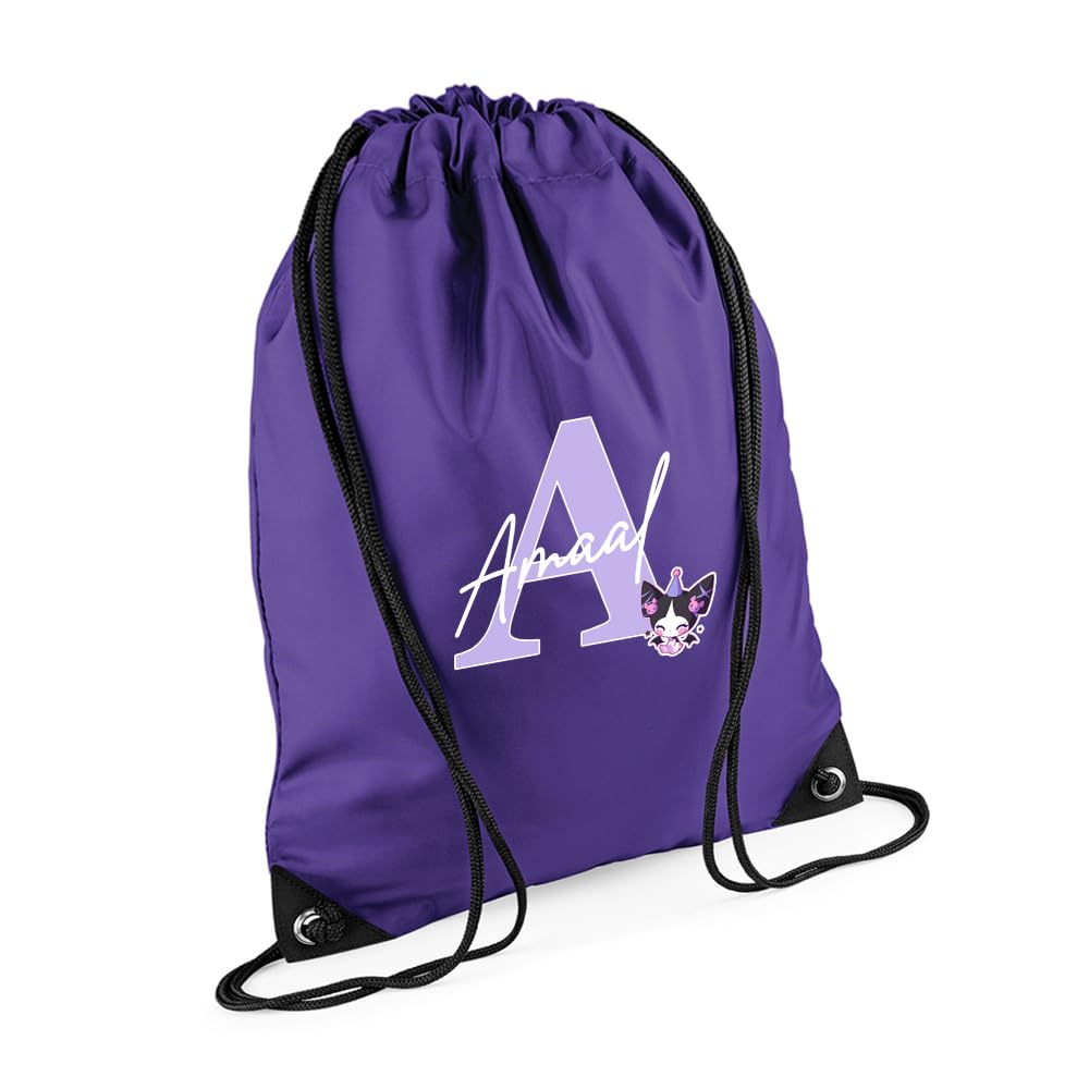 Personalised Initial & Name – Cute Cartoon Character Design – Custom Gift for Kids, Teens & Friends, PE Gym Kit Swimming, Sport Rucksack. (Purple)